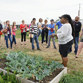 Immersion learning tour of Detroit takes conference attendees to a local community garden where they learned about its impact on the neighborhood.