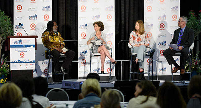 Panelists (from left to right) Malik Yakini, Detroit Black Community Food Security Network; Naomi Camper, JPMorgan Chase & Co.; Heidi Magyar, General Motors and General Motors Foundation; and Michael Gordon, University of Michigan’s Center for Social Impact discuss corporate and community leaders uniting in service to revitalize Detroit.