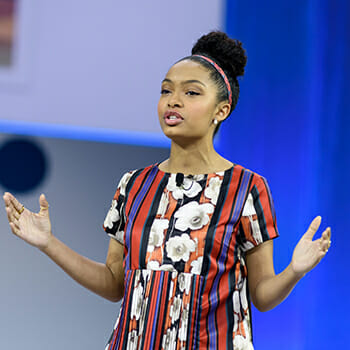 Actress Yara Shahidi from ABC's "Black-ish" speaks at the conference closing plenary about the power of art as a vehicle for change.