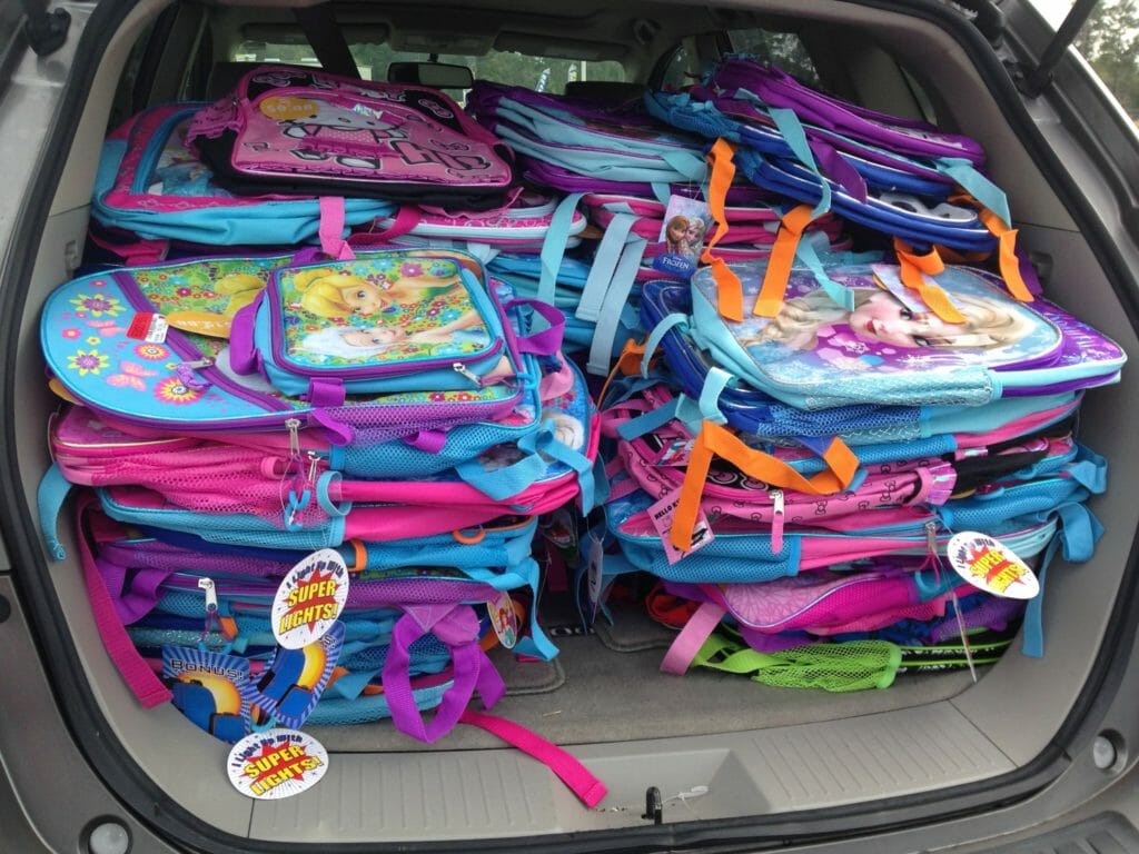 Backpacks are collected for a Bunco for Backpacks event./Courtesy Deborah Shackowsky