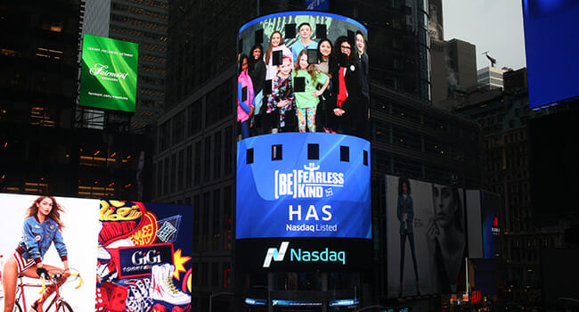 The 2017 Hasbro Community Action Heroes were displayed on the Nasdaq billboard in Times Square.