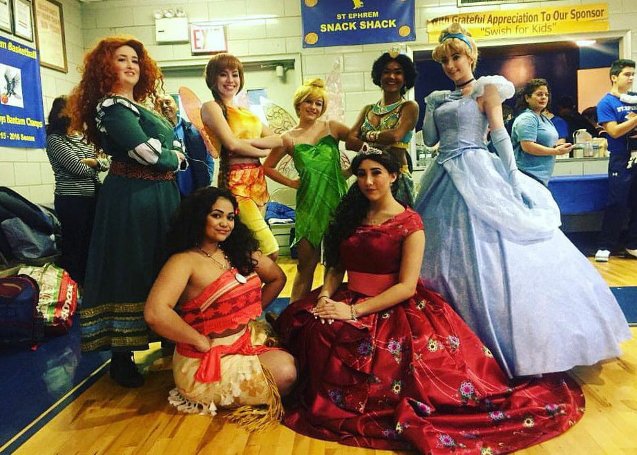 Volunteers with A Moment of Magic attend an event in coordination with Frankie's Mission. Top row, l-r: Kat Corini as Merida; Melinda Flecha as Fawn; Jenny DeMaio as Tinkerbell; Elle Carlin as Jasmine; and Haley Powers as Cinderella. Bottom row, l-r: Raven Rivera as Pocahontas; and Christina Proia as Elena.