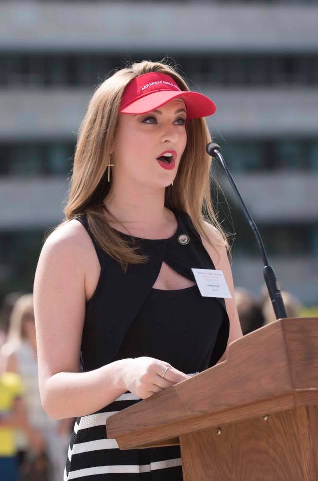 Aubrey speaking as "Secretary of State" at Arkansas Girls State, an organization that allows girls to learn about government first-hand through mock elections./Courtesy Paula Montgomery