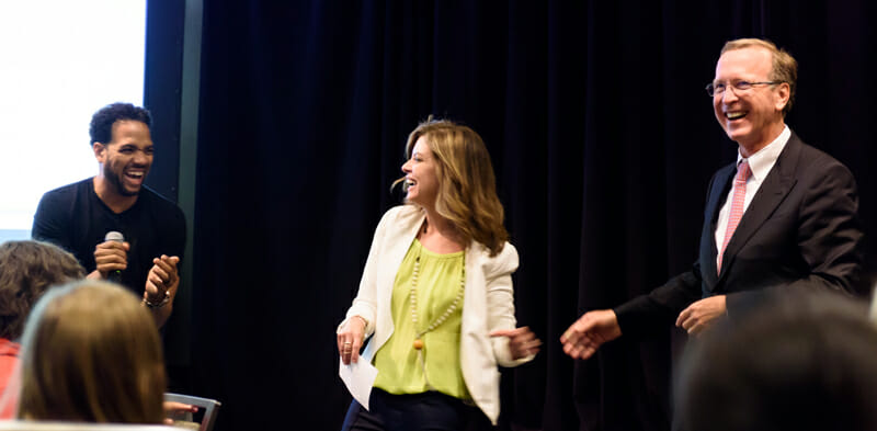 Actor and recording artist, Mike Ellison (left) emceed the Youth Summit, providing valuable context and purpose for the event, "We won’t use the cliche 'the youth are our future' because they are our present. It diminishes the impact that they can make today." Points of Light CEO, Tracy Hoover (center) and board of directors chairman, Neil Bush (right) were also on hand to present each team with their grants.