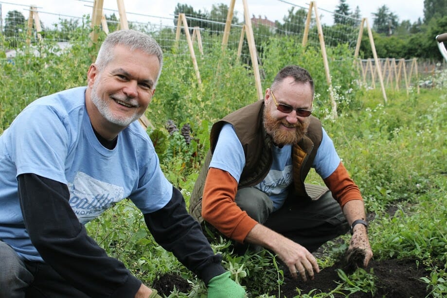 Volunteers at Marra Farms in Seattle garden during Seattle Works Day 2016.