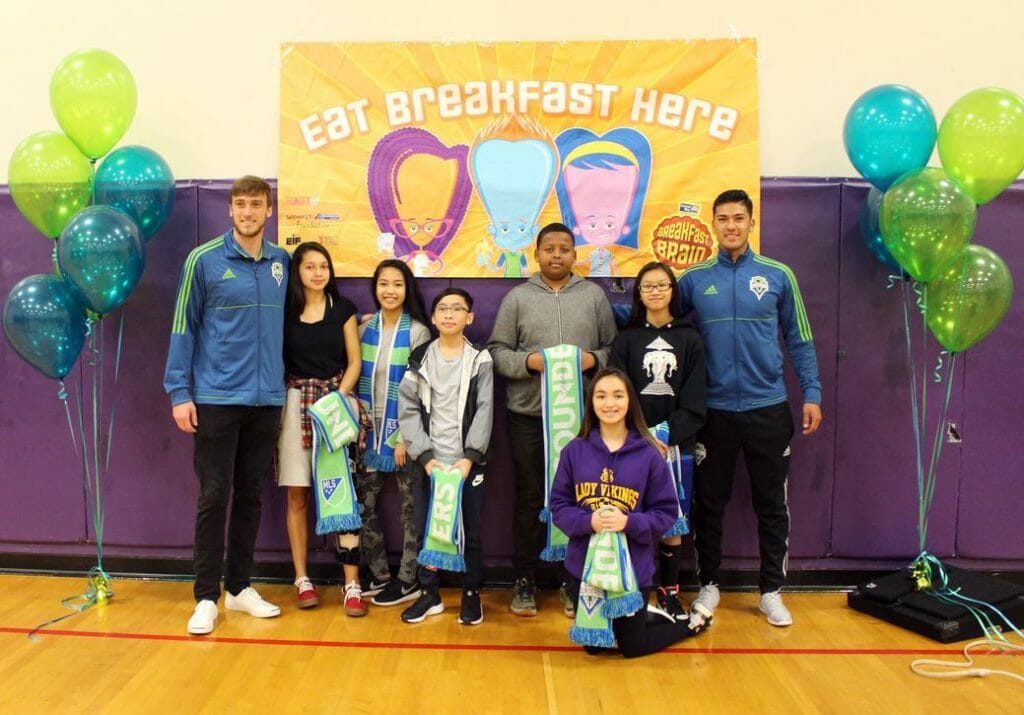 Seattle Sounders’ players visit students from the Tukwila School District to congratulate them on winning the Breakfast Challenge. 