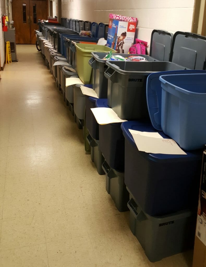 Plastic bin used by Angela Brown and her volunteers to make "house kits" for flood victims./Courtesy Angela Brown