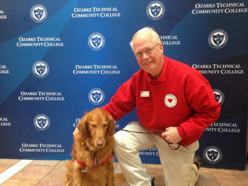 Norman and Lucy providing stress relief therapy during finals at Ozarks Technical Community College./Courtesy Dr. Norman Knowlton III