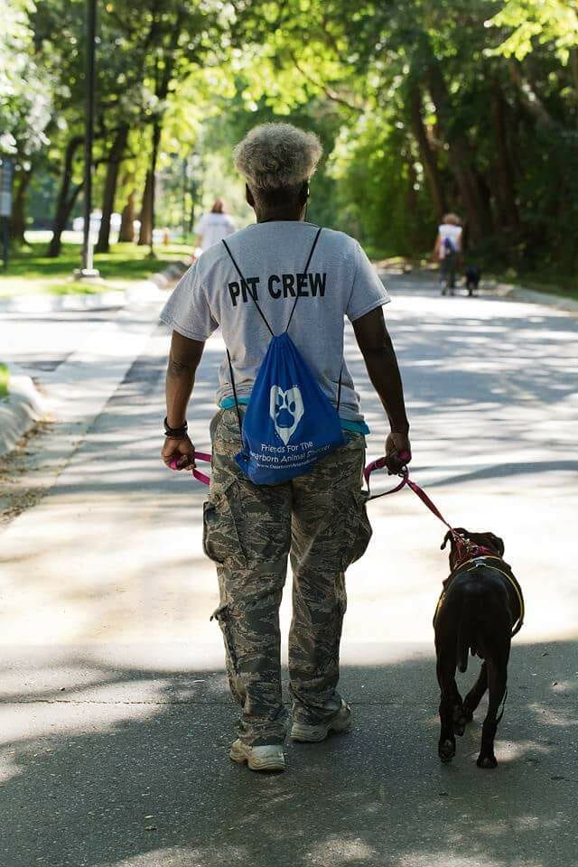 Vanessa out for a walk with one of the shelter dogs she cares for as a Pit Crew member./Courtesy Vanessa Williams