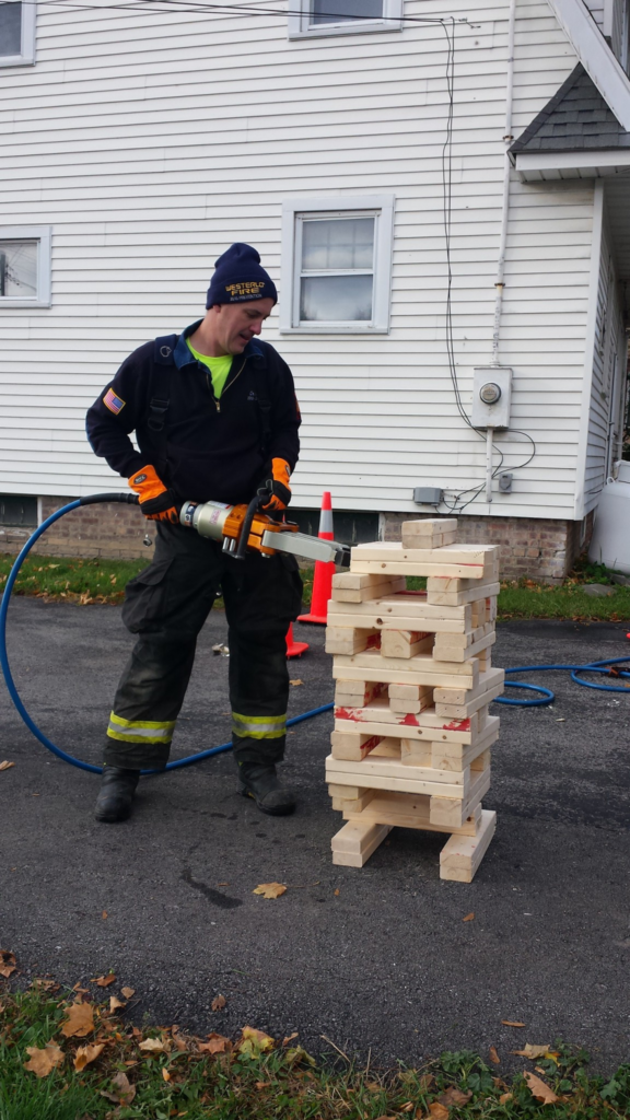 Kevin performs the "Jenga" drill to help improve his fire fighting skills./Courtesy Kevin Flensted