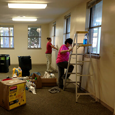 With supplies donated by the local Lowe's store, volunteers cleaned the new senior center inside and out.
