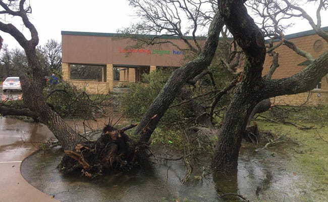Damage from Hurricane Harvey outside the storm shelter at Live Oak Learning Center.