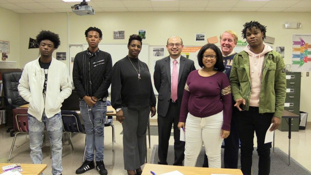 Ebony McLaughlin (third from left) visiting West End Academy in Atlanta, Georgia, where she spoke to students during College and Career Motivation week./Courtesy Ebony McLaughlin 