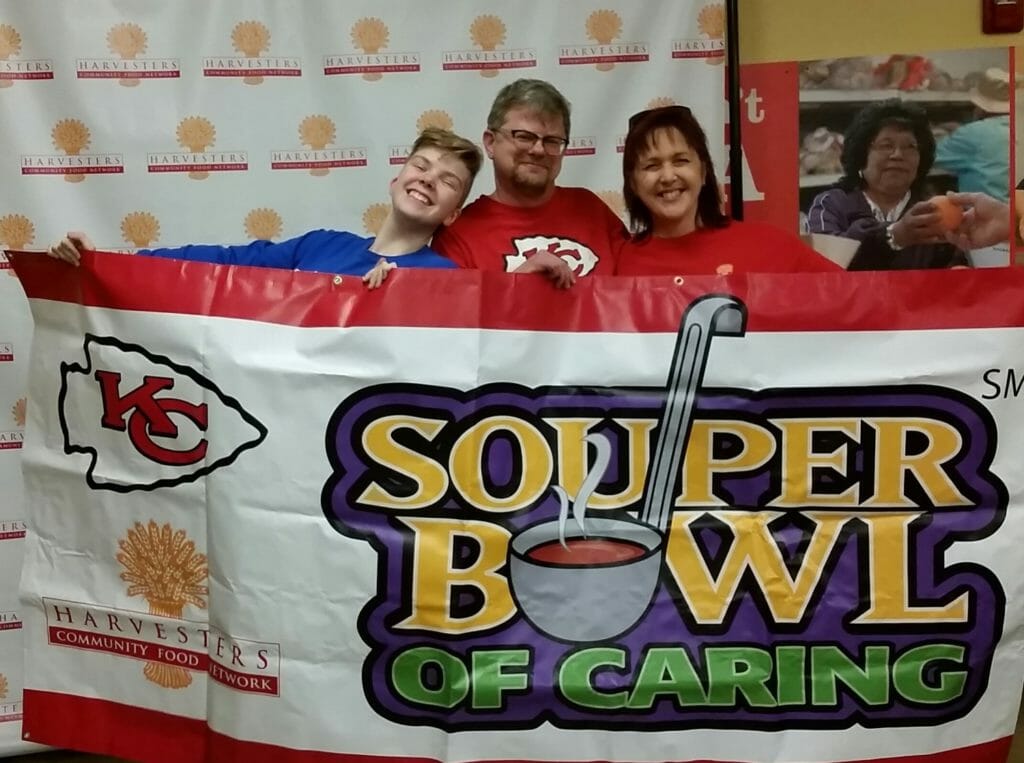 Carrie Roberson (third from left) and Whitney Lundy (left) participate in the Souper Bowl Week of Caring, a virtual food drive, to benefit Harvesters Community Food Network./Courtesy Carrie Roberson