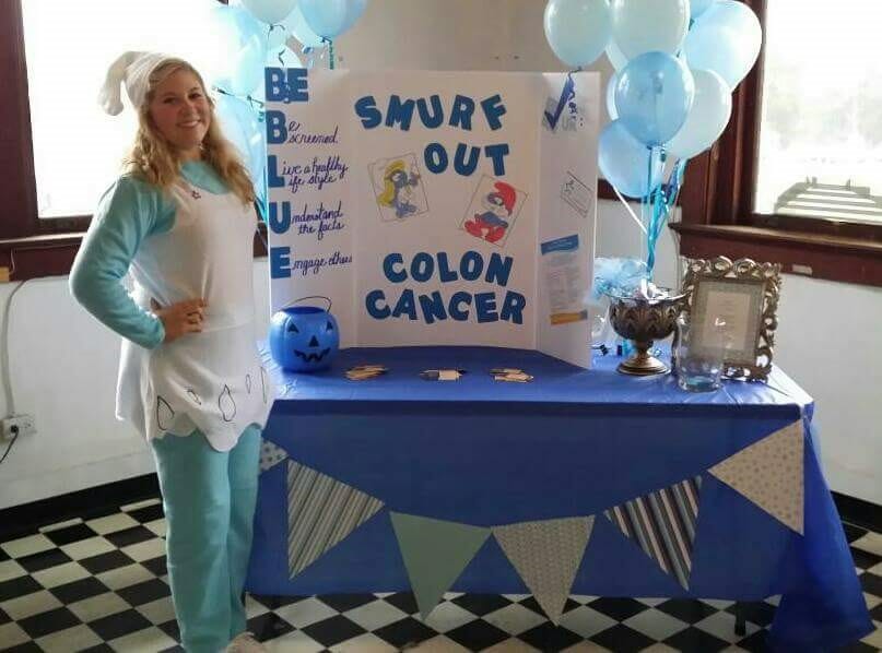 Merrill Ann dressed up as Smurfette to bring awareness to colorectal cancer during a Halloween event./Courtesy Merrill Ann Culverhouse