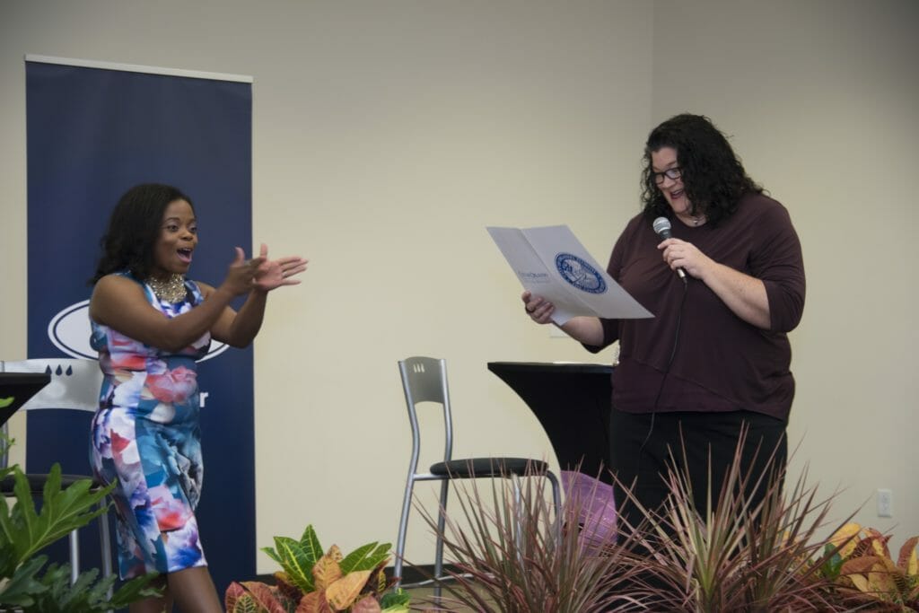 City of Orlando Mayor Buddy Dyer declares Saturday, October 21, 2017, Tech Sassy Girlz Day (pictured, Laine Powell, left, and Julie Tindall, Community Outreach Coordinator, Office of the Mayor, City of Orlando)./Courtesy 106foto