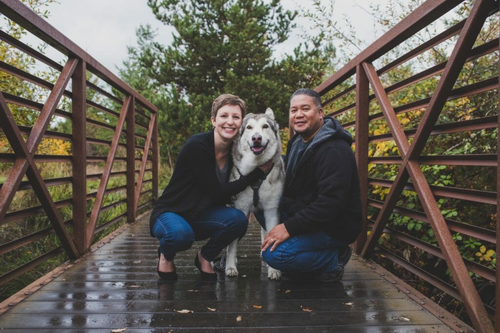 Jaime with her WAMAL adopted pup Glacier and husband Melvin enjoying one of their favorite walking spots./Courtesy Jaime Perez