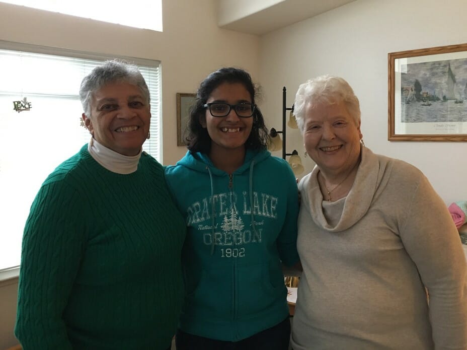 Sakshi after filming Sister Elizabeth Avalos (L) and Sister Marilyn Wilson (R), members of the Catholic Network to End Human Trafficking (Source: CNEHT)