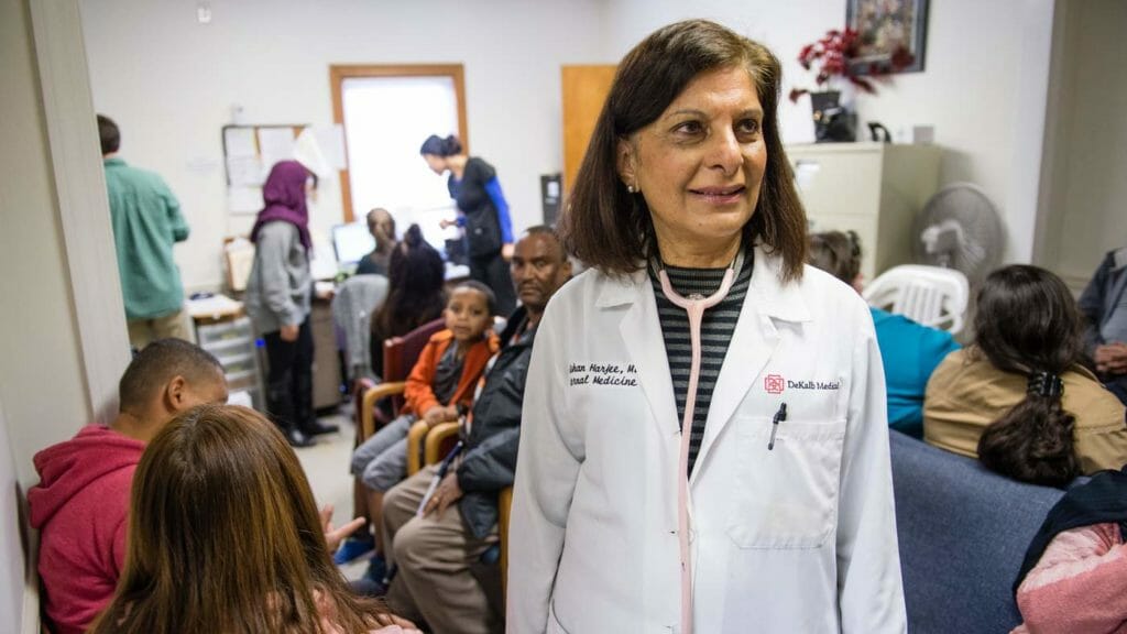 Dr. Gulshan Harjee in the waiting room of the Clarkston Community Health Center, which she co-founded to provide healthcare to refugees, immigrants and low-income residents./Courtesy Bita Honarvar (AJC)