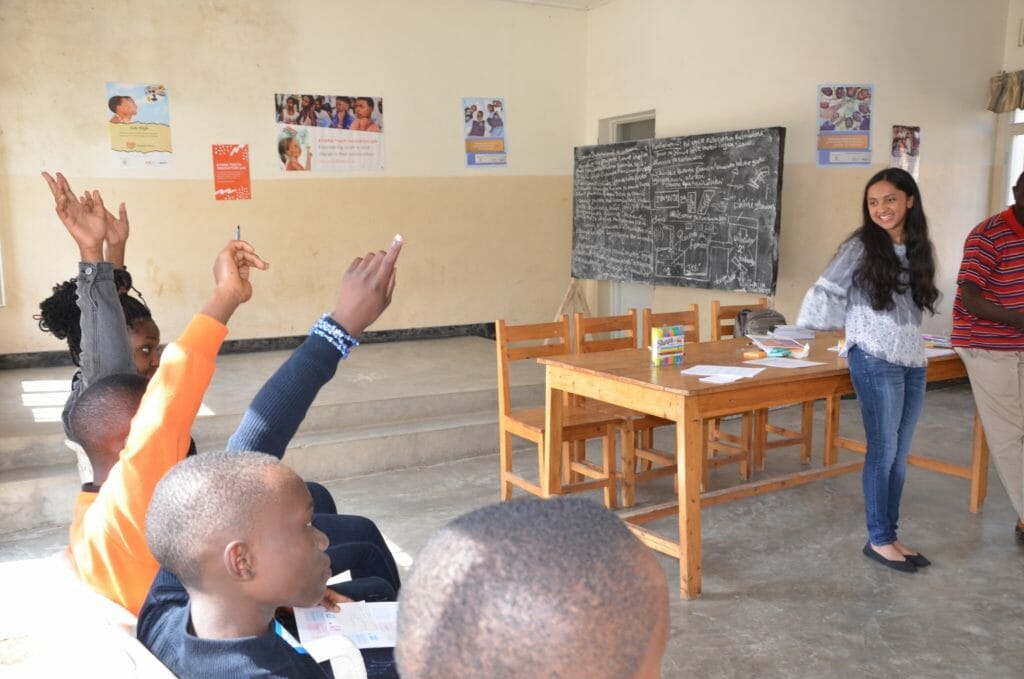 Mahika leading a Youth Innovation Lab in Muhanga, Rwanda where students were able to learn the skills they needed to solve a problem they saw in their community./Courtesy Mahika Halepete