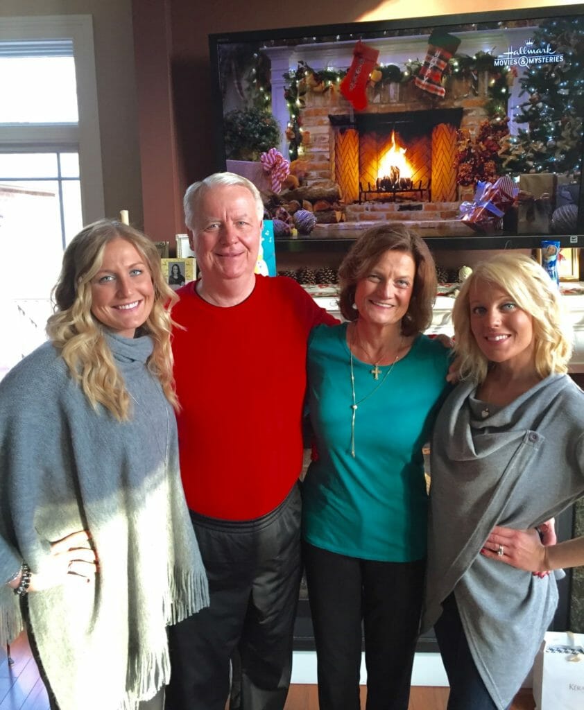 : Katie pictured with her family, alongside her dad, Dave, her mom, Marianne, and her sister, Amy, shortly before Katie’s father’s death, at Christmas 2015. Her father was diagnosed 3 weeks later./ Courtesy Katie Glenn