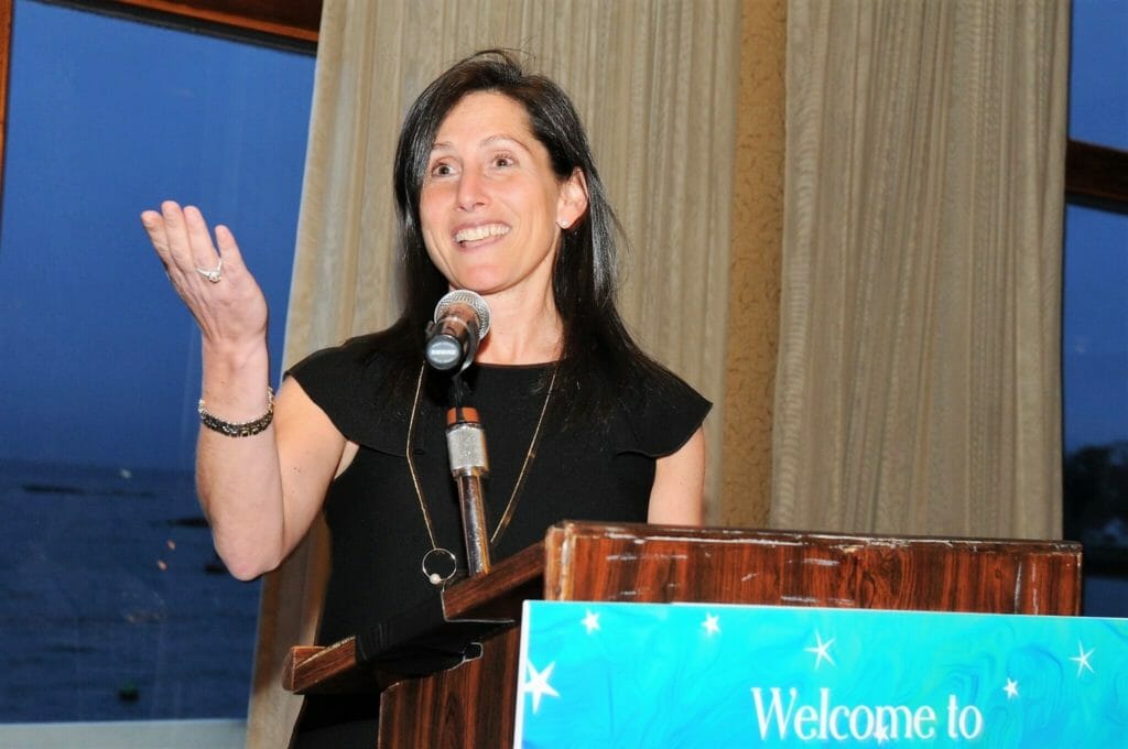 Sandy Samberg speaks at an event in her hometown of Rye, N.Y., where she was honored by Cancer Support Team./ Courtesy Sandy Samberg