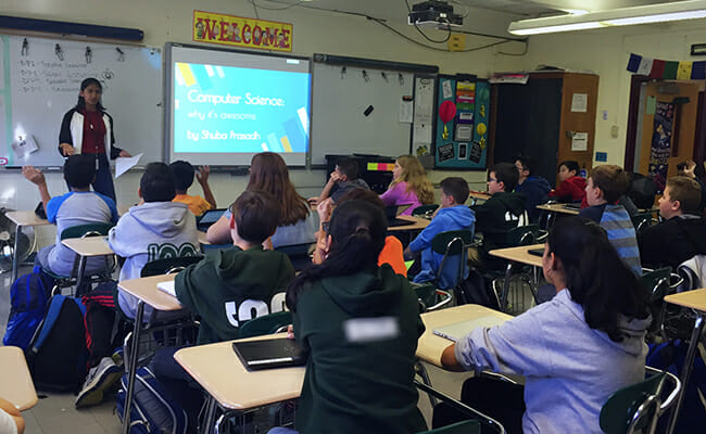 Shuba Prasadh leads a computer science workshop with STEMFuture.