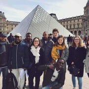 People gathered in front of the Louvre