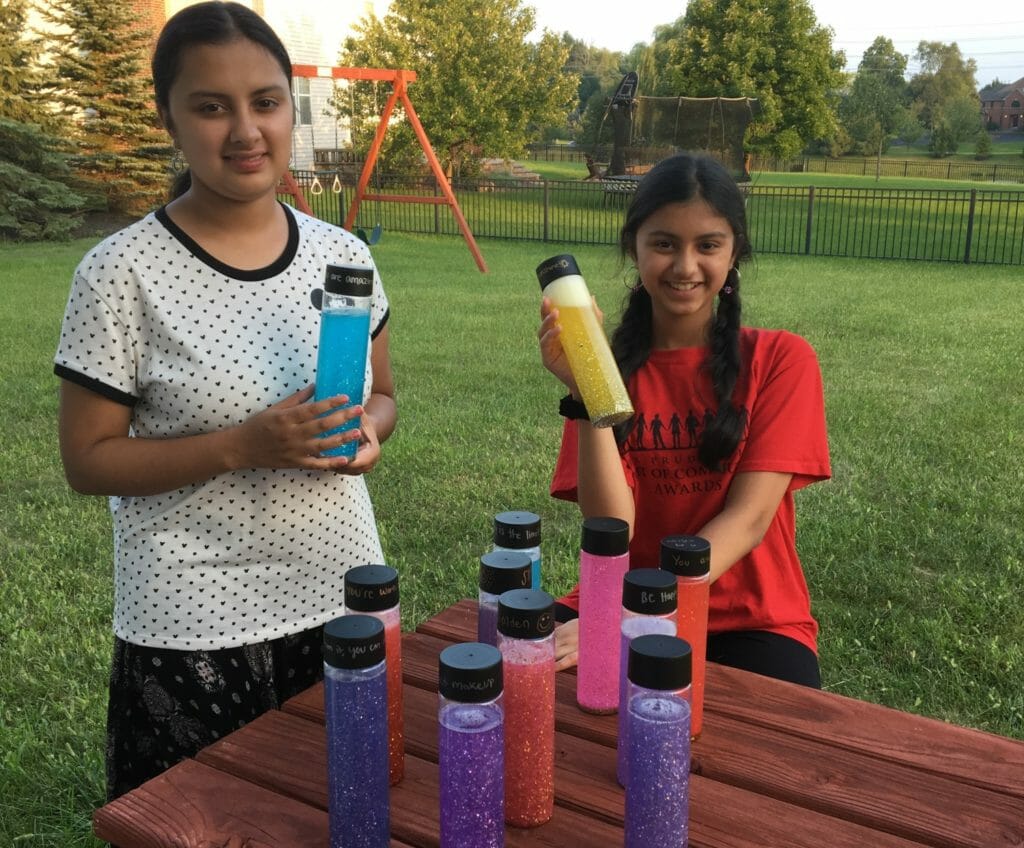 Anitha (left) and Vani (right), with their signature calming glitter jars./Courtesy Smitha Sharma