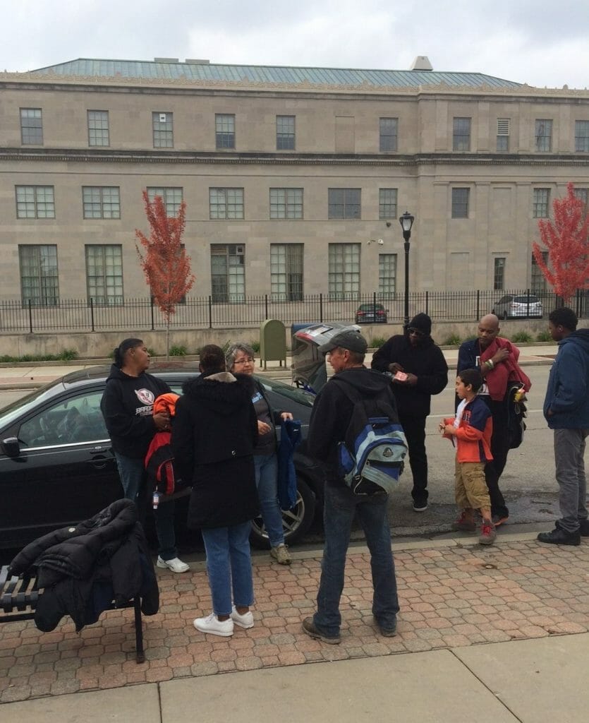 Julie hands out coats in downtown Springfield/Courtesy Julie Becker