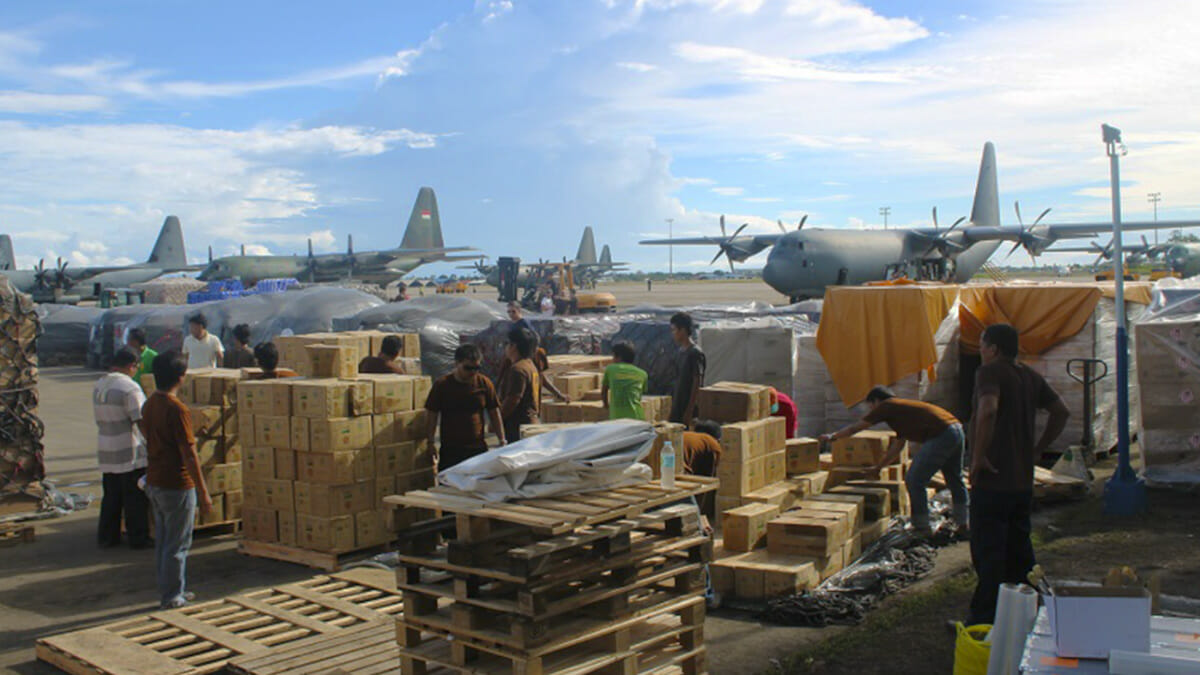 Supplies arrive at a UPS humanitarian relief center.