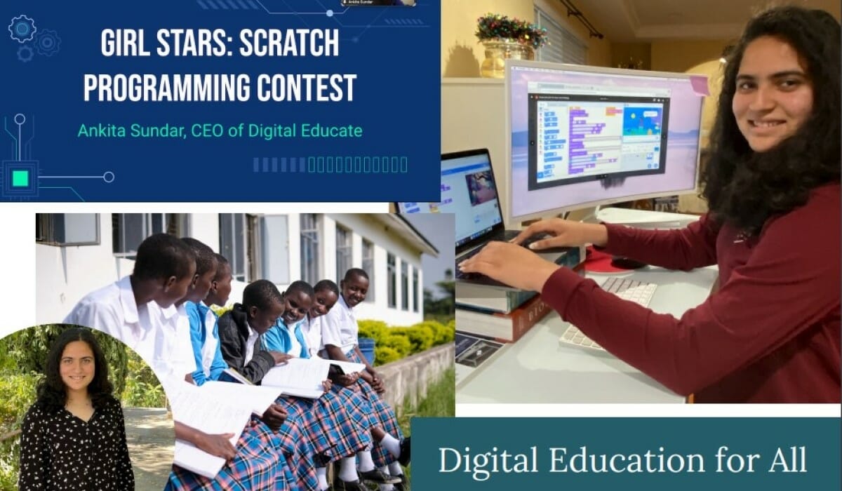Collage of multiple pictures, clockwise from the top left: the words "Girl Stars: Scratch Programming Contest," a girl writing code on a laptop, the words "Digital Education for All," and a group of school girls sitting studying on a wall.
