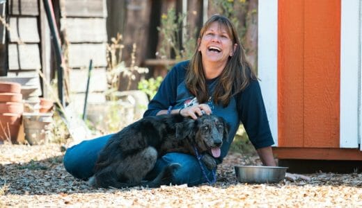 Woman sits on the ground laughing with a large dog on her lap.