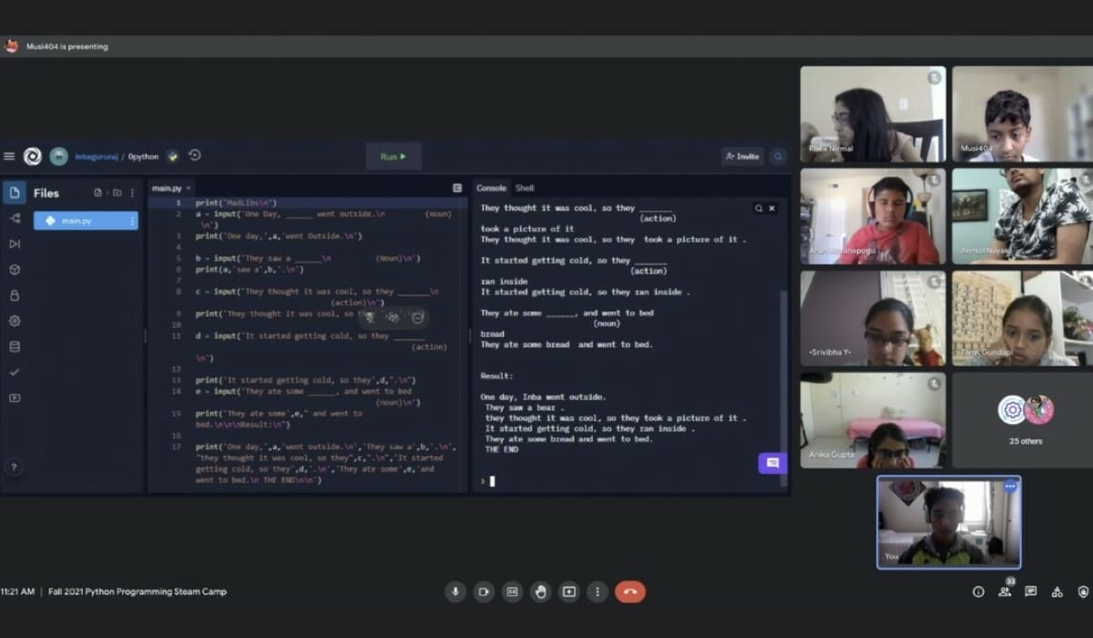 Screenshot of a video conference with a group of participants and a text editor.