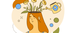 Illustration symbolizing mental health and personal growth, featuring a person with plants growing from their head being watered. Represents the nurturing impact of volunteering on mental health.