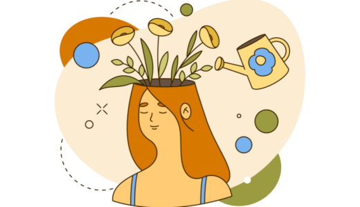 Illustration symbolizing mental health and personal growth, featuring a person with plants growing from their head being watered. Represents the nurturing impact of volunteering on mental health.