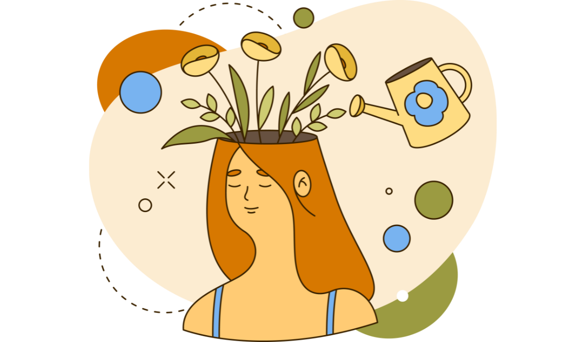 Illustration symbolizing mental health and personal growth, featuring a person with plants growing from their head being watered. Represents the nurturing impact of volunteering on mental health.